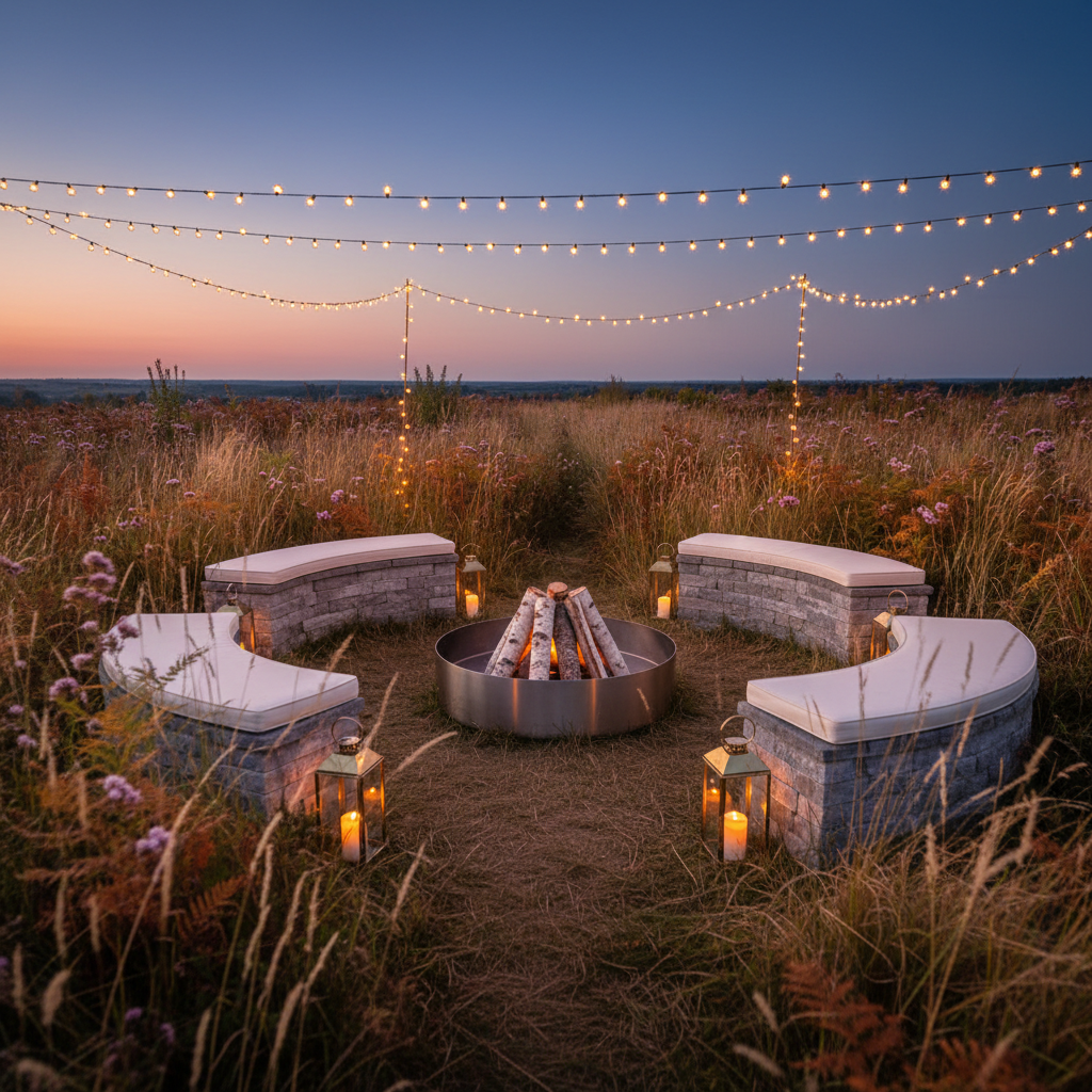 An elegant outdoor fire circle prepared for a solstice evening ceremony, photographed with cinematic realism. A ring of low, ivory-cushioned stone seats encircles a shallow, modern fire bowl filled with carefully stacked birch logs, unlit but ready. Surrounding the circle, tall grasses and wildflowers in gold, rust, and soft mauve sway gently, slightly out of focus. Strings of small, warm fairy lights arc overhead, starting to glow against a deepening twilight sky washed in indigo and rose. Subtle lanterns with glass panels and brass frames rest near the stones, their candles casting delicate flickers on the ground. Shot from a slightly elevated angle with a wide aperture, the mood is anticipatory, mystical, and sophisticated—suggesting communal warmth and sisterhood while keeping the space entirely free of visible people.