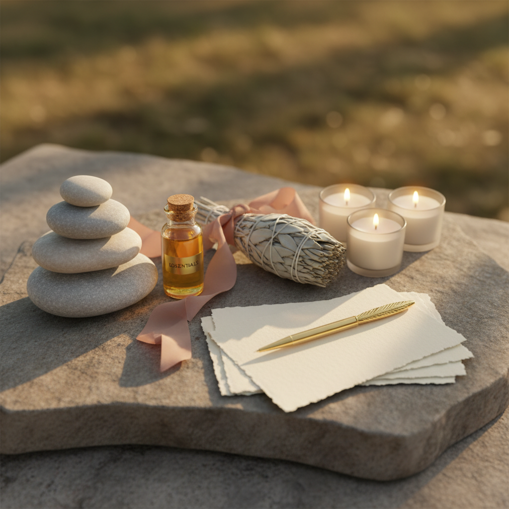 A close-up, photographic-realistic view of a handcrafted intention-setting station on a natural stone slab. Smooth river stones in pale grays and creams are neatly stacked beside a small amber glass bottle of essential oil, a bundle of ethically sourced sage tied with blush silk ribbon, and miniature hand-poured candles in frosted glass. A fine-tipped gold pen rests across thick, textured cream cards with subtle deckled edges, ready for written intentions. Late afternoon sun filters through unseen leaves, casting dappled light and intricate shadows across the scene, highlighting the tactile surfaces. Captured from a low, intimate angle with shallow depth of field, the background fades into a soft, warm blur. The mood is luxurious yet earthy, quietly magical, and deeply feminine, ideal for a solstice ritual aesthetic without including any human figures.