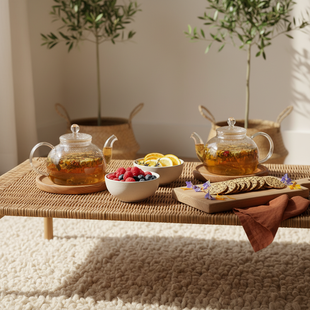 A refined tea and nourishment altar laid out on a low, wide rattan table set atop a cream wool rug. Delicate glass teapots filled with amber herbal blends sit on wooden trivets, their surfaces catching the soft sheen of mid-morning sun. Nearby, small ceramic bowls in matte white hold sliced citrus, fresh berries, and edible flower petals. A linen napkin in muted terracotta is gently crumpled beside a carved wooden serving board with artisanal seed crackers. The room’s background is softly blurred, revealing hints of pale walls and potted olive trees. Photographic realism, shot at eye level with a shallow depth of field to emphasize texture and color. The atmosphere is nurturing, elegant, and intentional, evoking the quiet luxury of shared nourishment during a women’s retreat, without any human subjects present.