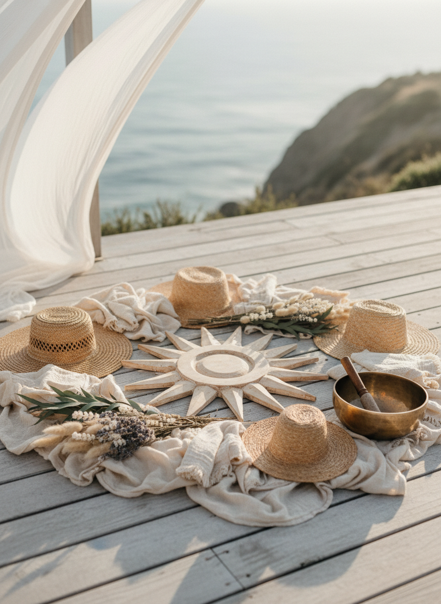 A circular arrangement of natural objects on a sun-bleached wooden deck: woven straw sun hats, folded cream-colored blankets, a brass singing bowl, delicate dried botanicals, and a large hand-carved wooden sun emblem at the center. A sheer white canopy billows softly at the edge of the frame, hinting at a coastal cliffside setting with the distant ocean rendered as a gentle blur of blues and silvers. Late afternoon light bathes everything in a soft, golden glow, creating subtle highlights on metal and warm tones in the wood. Photographic realism, shot from a slightly elevated angle using rule-of-thirds composition and a shallow depth of field. The mood is serene yet quietly celebratory, suggesting a refined, feminine space for ritual and connection without any human presence.