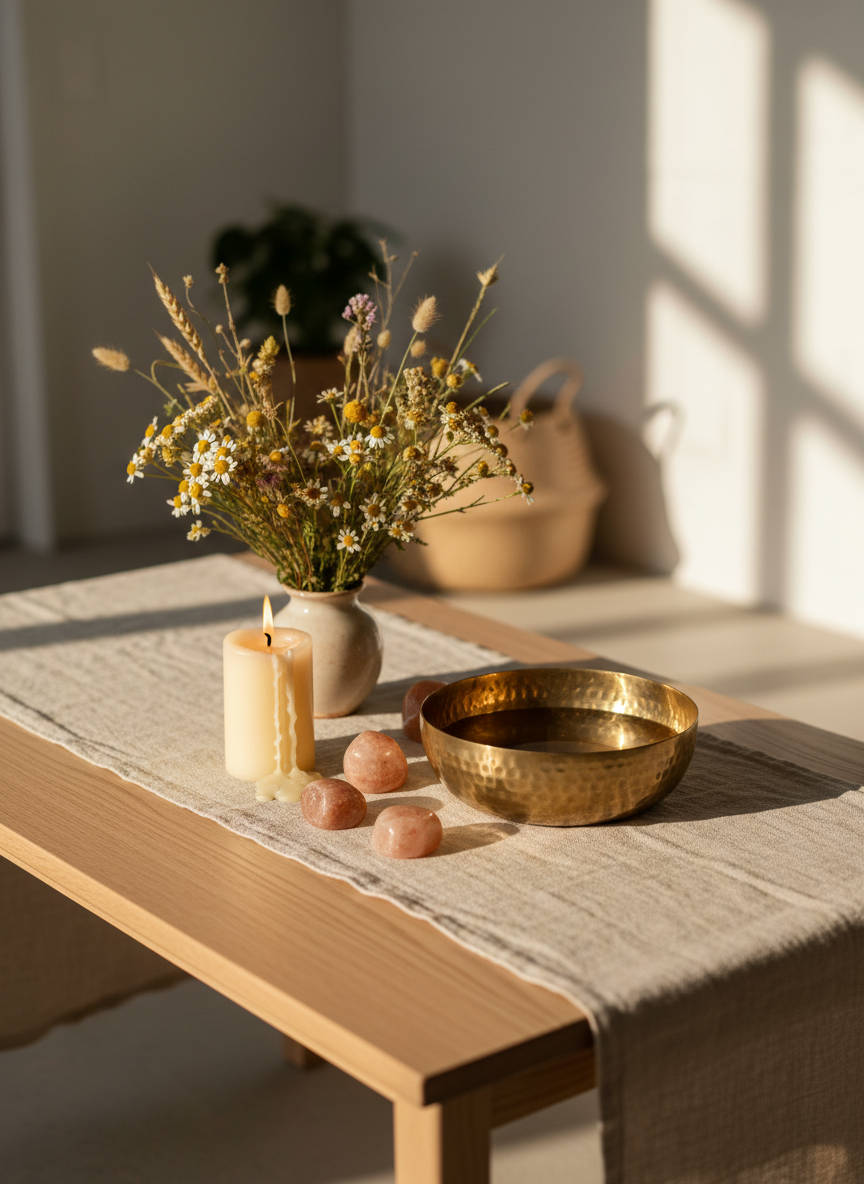 A meticulously arranged solstice altar on a low, pale oak table, draped with a raw linen runner in soft sand tones. Smooth sunstone crystals, a brass bowl filled with water reflecting tiny points of light, wildflowers in muted golds and creams, and a single ivory beeswax pillar candle half-burned form the focal point. Golden hour sunlight pours in from an unseen window, casting elongated, warm shadows and gentle highlights on each textured surface. The surrounding space is minimalist and uncluttered, with a blurred backdrop of white plaster walls. Photographic realism, eye-level composition with a shallow depth of field, creating an intimate, sacred atmosphere that feels sophisticated, calm, and reverent, perfect for a women’s solstice retreat theme without depicting any people.