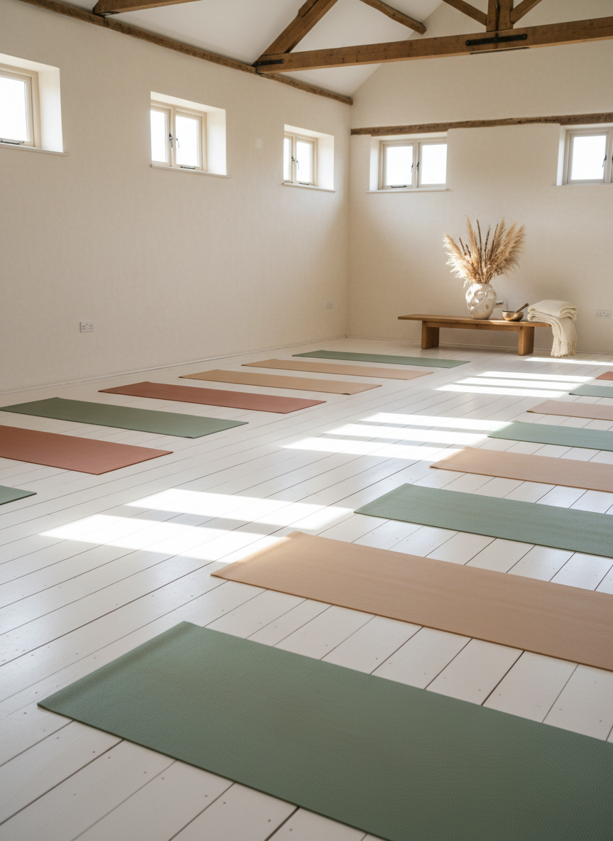 A sun-drenched movement space in an airy converted barn, captured in photographic realism. Wide, whitewashed wooden floors are dotted with neatly aligned, high-quality yoga mats in muted clay, sage, and sand tones. At the front, a single low altar holds a sculptural ceramic vase with tall dried grasses, a brass bell, and a folded cream throw. Sunbeams stream through high clerestory windows, creating dramatic diagonal streaks of light and soft shadows across the mats. The walls are simple limewash in warm white, and exposed beams add rustic elegance. Shot from a low, diagonal angle, drawing the eye through the space and emphasizing rhythm and flow. The mood is expansive, energizing, and quietly powerful, suggesting embodied practice and radiance without showing any participants.