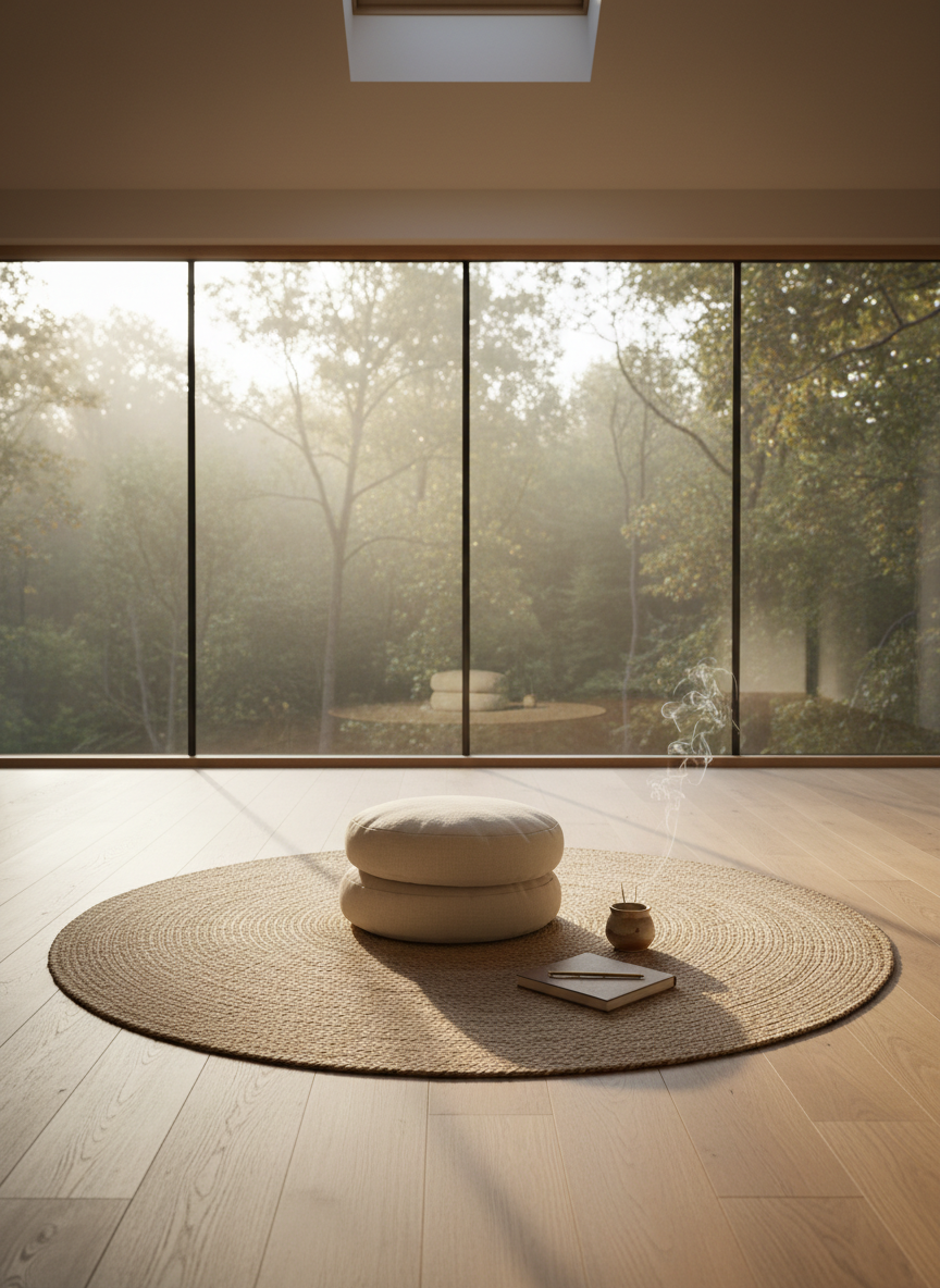An open, minimalist meditation loft with wide plank oak floors and a panoramic window framing a forest bathed in early morning light. In the center rests a single round woven jute rug, topped with a stack of flax-colored floor cushions, a small ceramic incense holder with a delicate wisp of smoke, and a closed linen-bound journal with a brass pen. Soft, diffused sunlight spills across the floor, creating luminous patches and gentle gradients of shadow. The color palette is warm neutrals and soft greens. Photographic realism, wide-angle, eye-level shot with sharp focus throughout, emphasizing spaciousness and stillness. The atmosphere is contemplative, elegant, and grounded, perfectly evoking inner reflection and intention setting for a sophisticated women’s retreat, with no people visible.